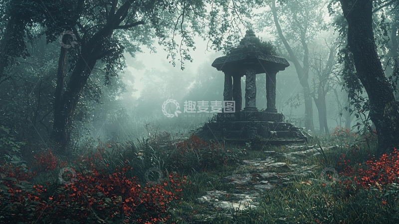 高清大图下载【趣麦麦图】雾气森林古塔