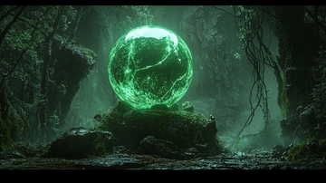幽暗森林中的绿色能量球