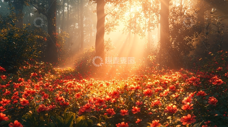 高清大图下载【趣麦麦图】森林晨曦红花