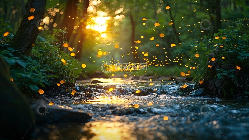 高清大图下载【趣麦麦图】森林小溪萤火虫夕阳