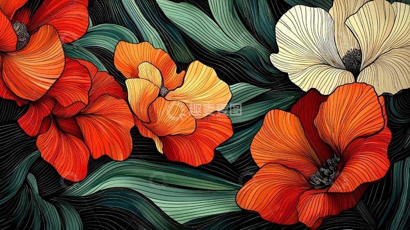 高清大图下载【趣麦麦图】暗色背景下的红色和白色花朵