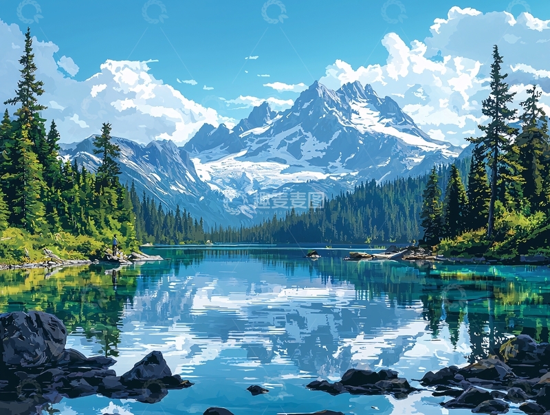 高清大图下载【趣麦麦图】雪山湖泊倒影