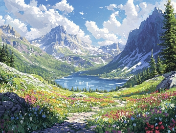 高山湖泊鲜花盛开