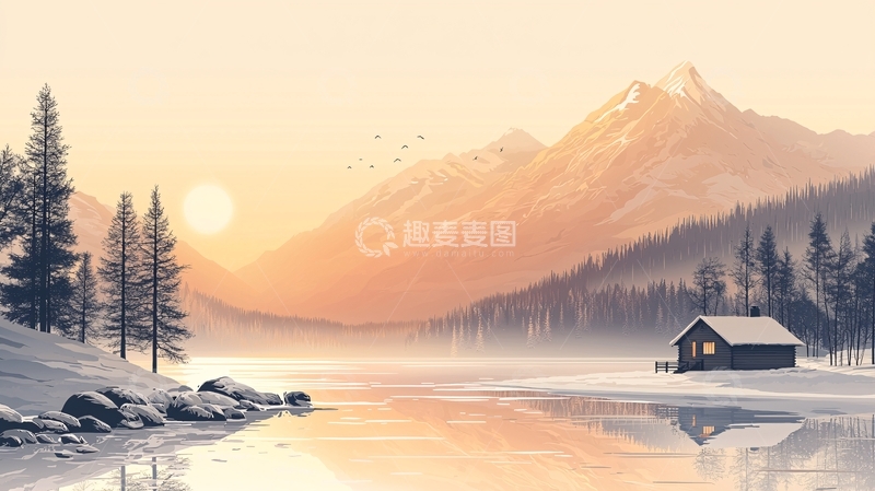 高清大图下载【趣麦麦图】冬日雪山小屋日落风景