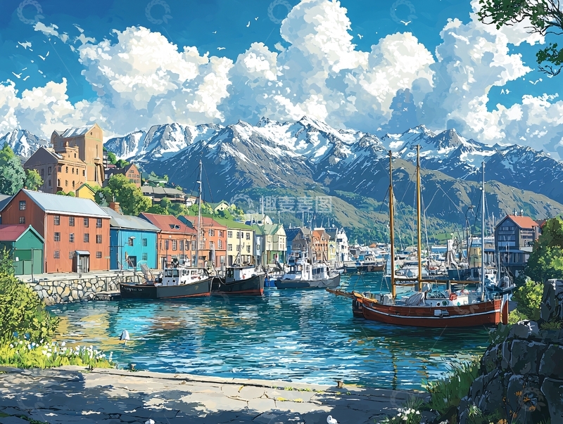 高清大图下载【趣麦麦图】-阳光下的雪山港口小镇