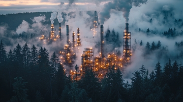 雾气缭绕的炼油厂