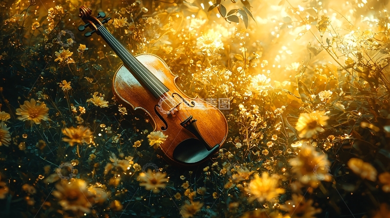 高清大图下载【趣麦麦图】小提琴花海金色背景