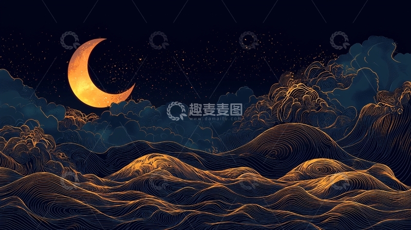 高清大图下载【趣麦麦图】金黄色月亮悬挂夜空