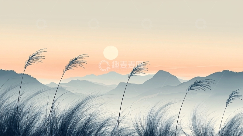 高清大图下载【趣麦麦图】日落山峦芦苇荡