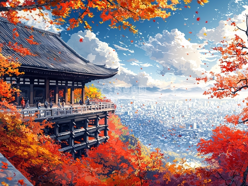 高清大图下载【趣麦麦图】秋日枫叶古寺远眺城市