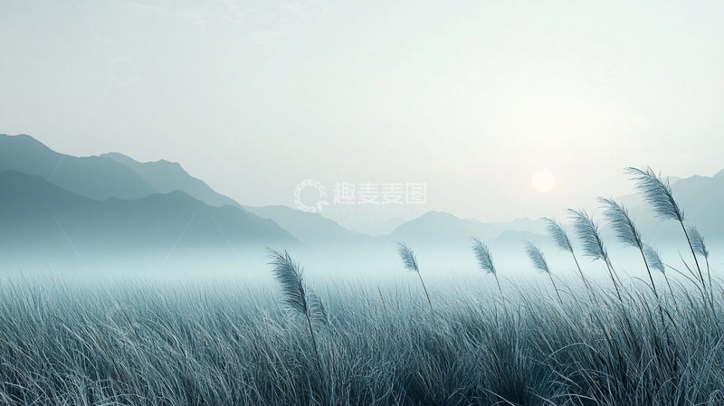高清大图下载【趣麦麦图】雾中芦苇与远山