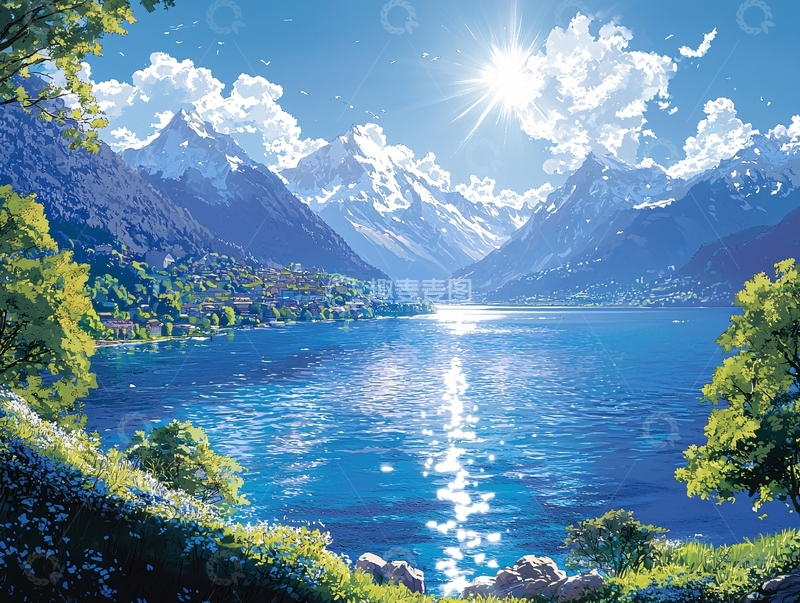 高清大图下载【趣麦麦图】阳光明媚的雪山湖泊