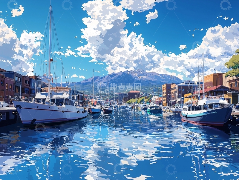 高清大图下载【趣麦麦图】阳光下的海港小镇风景