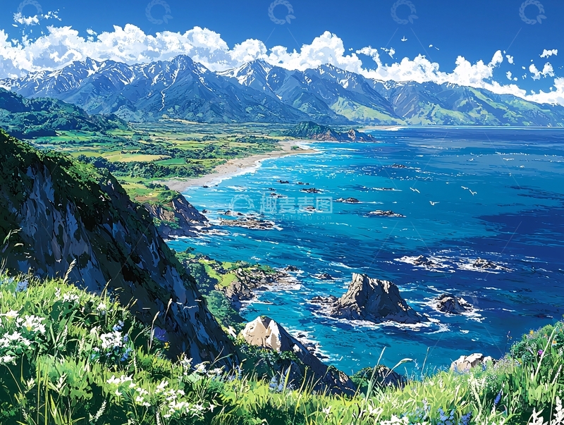 高清大图下载【趣麦麦图】动画风格的壮丽海岸风景