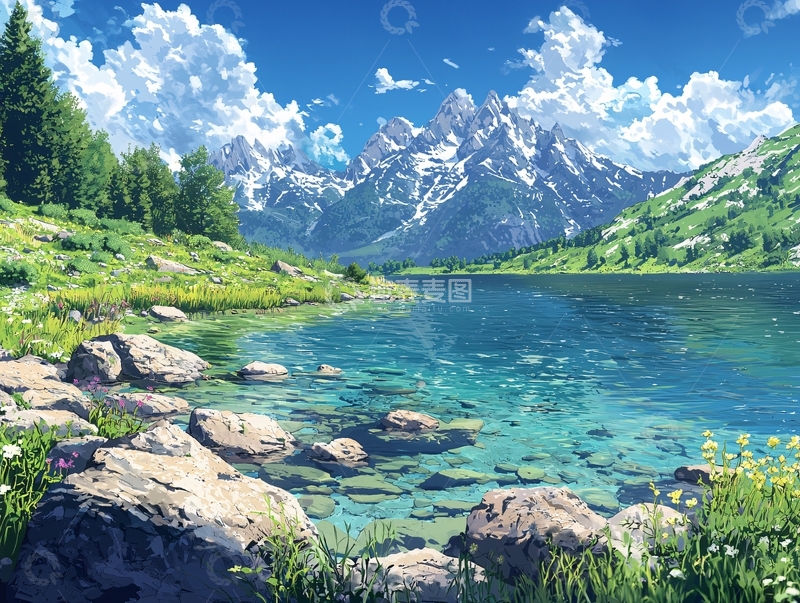 高清大图下载【趣麦麦图】清新山水湖泊风景画