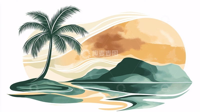 高清大图下载【趣麦麦图】椰树海滩日落风景画