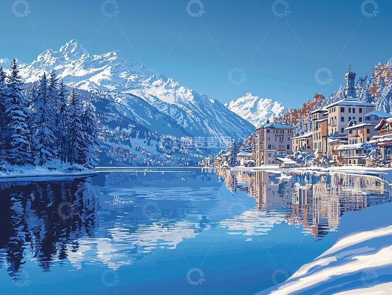 高清大图下载【趣麦麦图】雪山湖边小镇