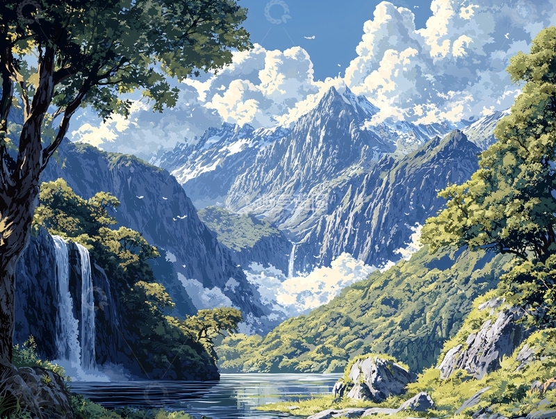 高清大图下载【趣麦麦图】山谷瀑布雪山风景