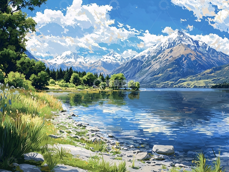 高清大图下载【趣麦麦图】阳光下的雪山湖泊