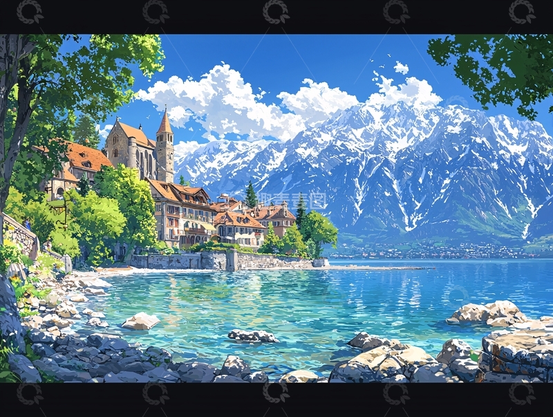 高清大图下载【趣麦麦图】湖光山色小镇