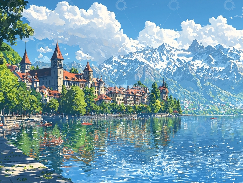 高清大图下载【趣麦麦图】阿尔卑斯山湖边小镇