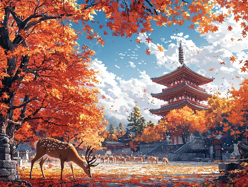 高清大图下载【趣麦麦图】秋日枫叶鹿与日式寺庙