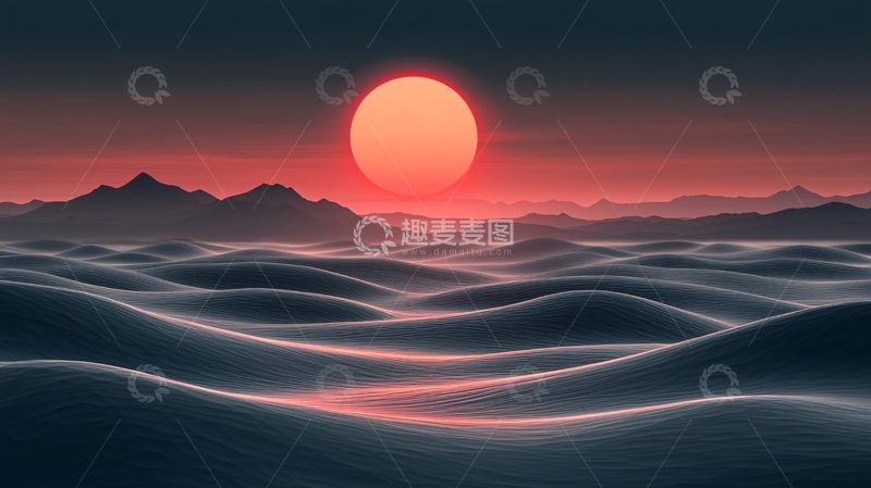 高清大图下载【趣麦麦图】红色夕阳下的山峦和波浪