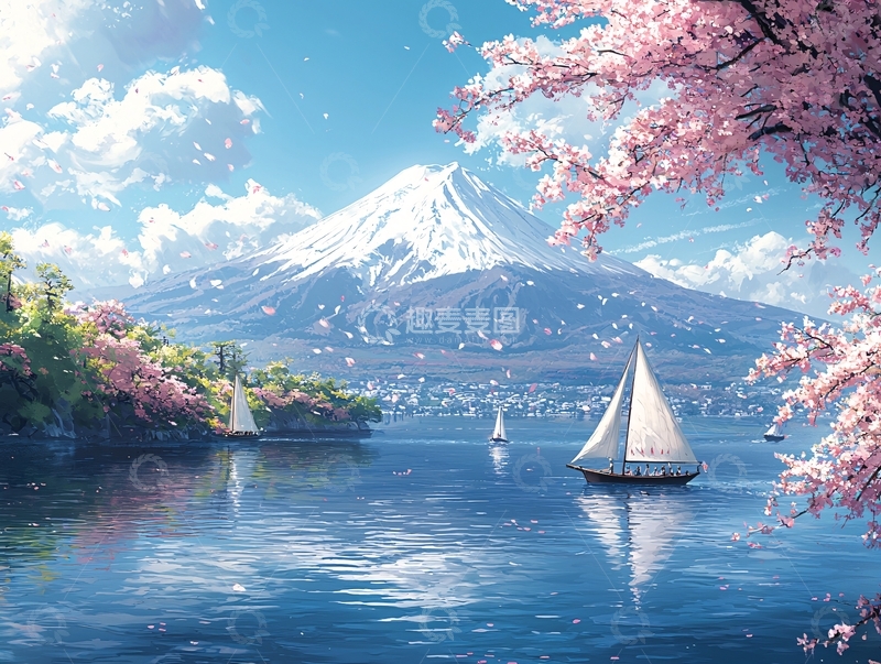 高清大图下载【趣麦麦图】富士山樱花湖泊帆船