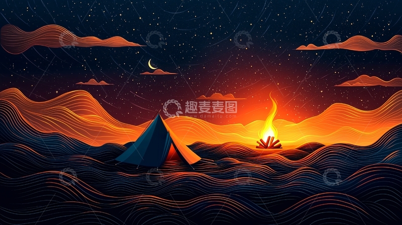 高清大图下载【趣麦麦图】夜空下的营火与帐篷