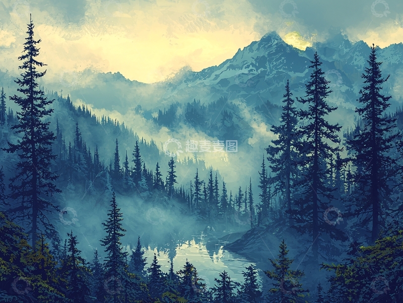 高清大图下载【趣麦麦图】雾气缭绕的雪山森林