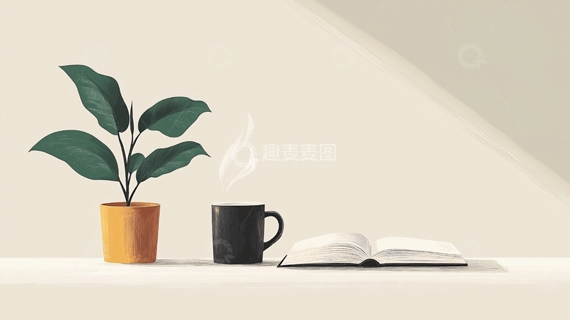 高清大图下载【趣麦麦图】简约植物咖啡书本