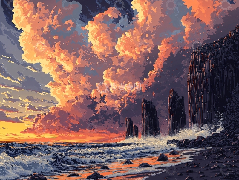 高清大图下载【趣麦麦图】日落海边礁石云彩