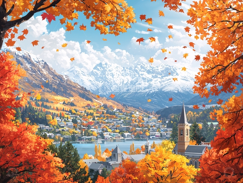 高清大图下载【趣麦麦图】秋日枫叶环绕山间小镇