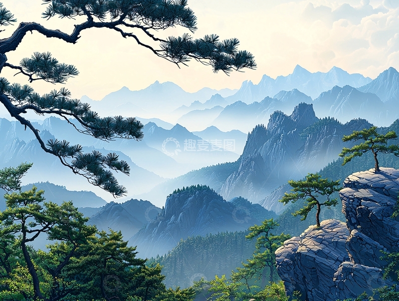 高清大图下载【趣麦麦图】清晨山峦薄雾笼罩