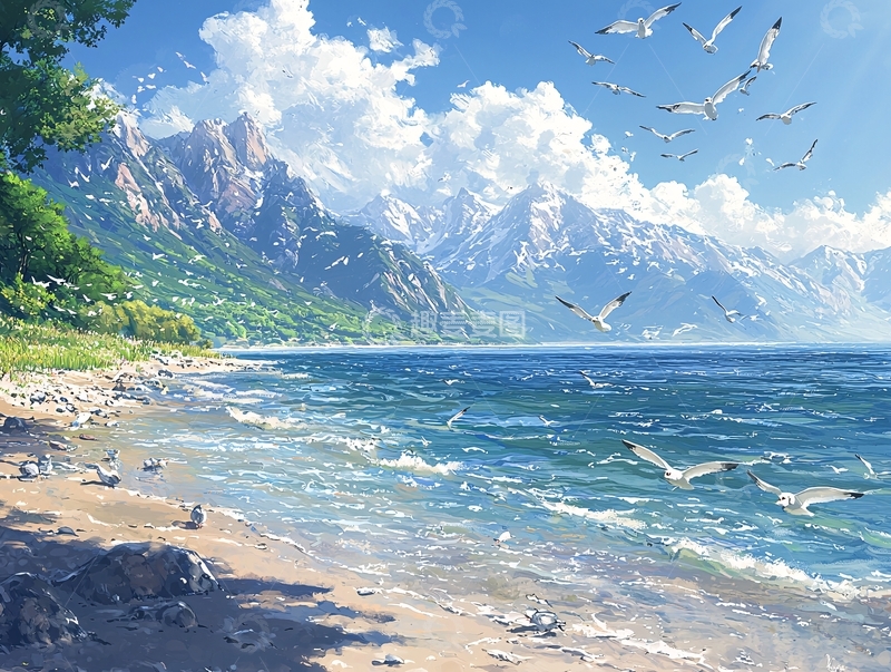 高清大图下载【趣麦麦图】阳光沙滩海鸥雪山