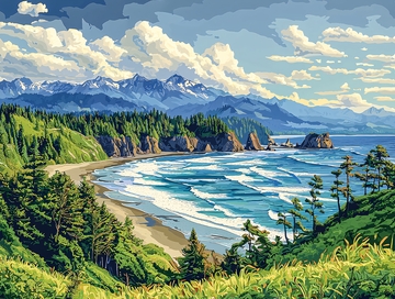 海边山脉风景画