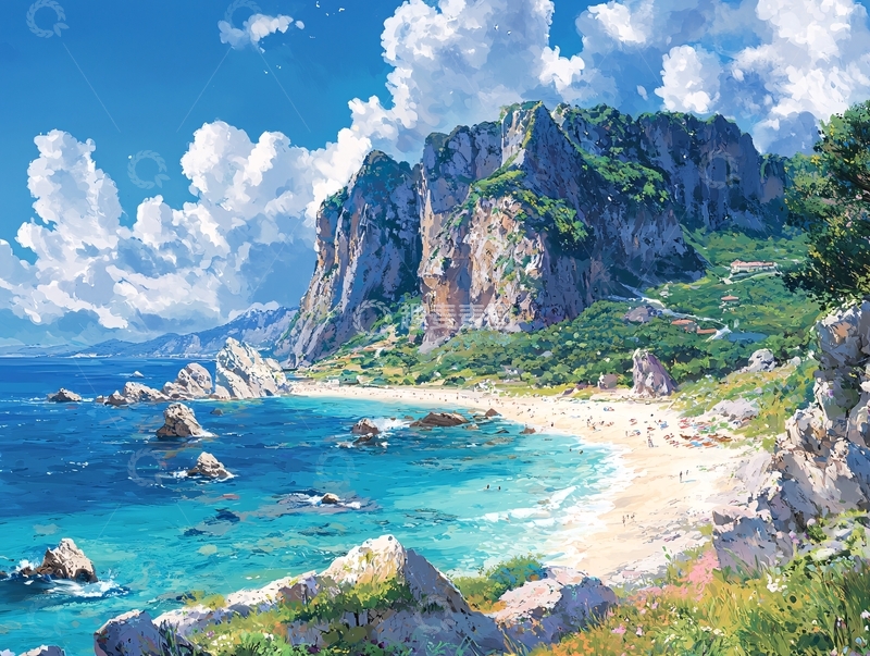 高清大图下载【趣麦麦图】阳光沙滩海边岩石山崖