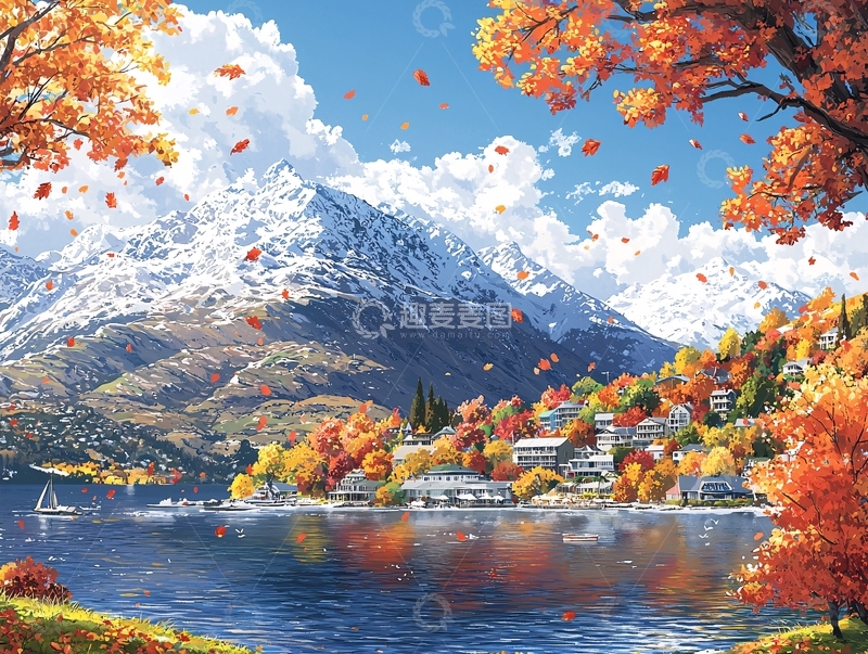高清大图下载【趣麦麦图】秋日雪山湖边小镇