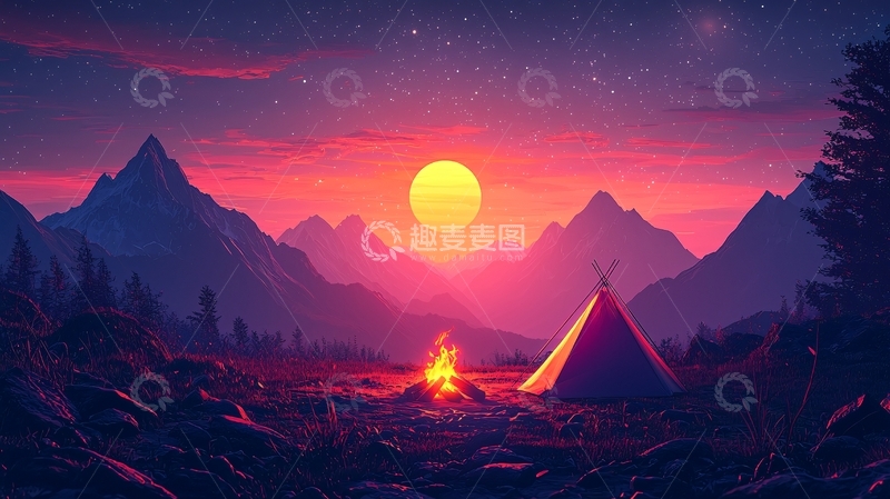 高清大图下载【趣麦麦图】日落山脉篝火帐篷