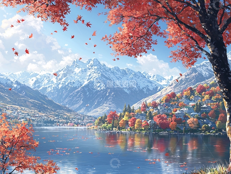 高清大图下载【趣麦麦图】秋日雪山湖边小镇