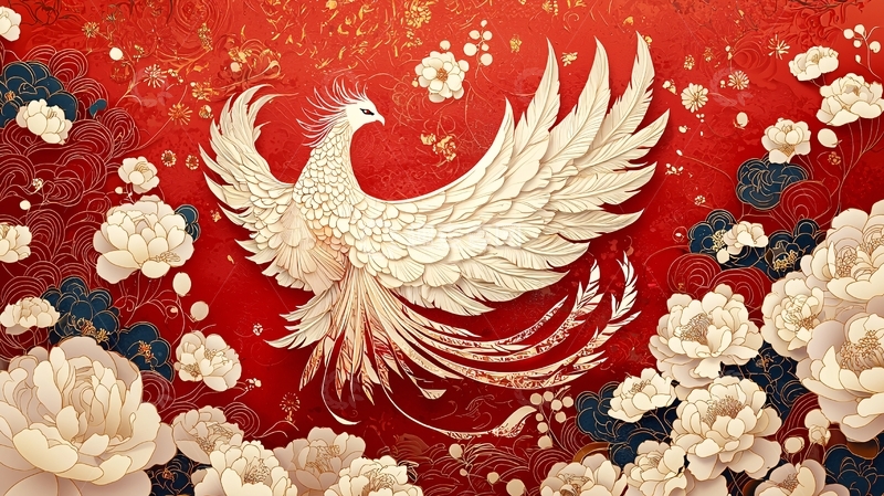 高清大图下载【趣麦麦图】祥瑞白凤凰红色背景