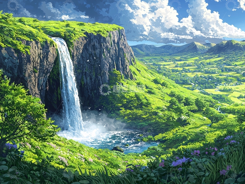 高清大图下载【趣麦麦图】绿色山崖瀑布风景