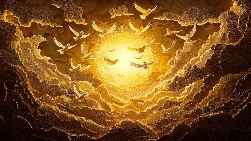 高清大图下载【趣麦麦图】金色云朵中飞翔的鸟群