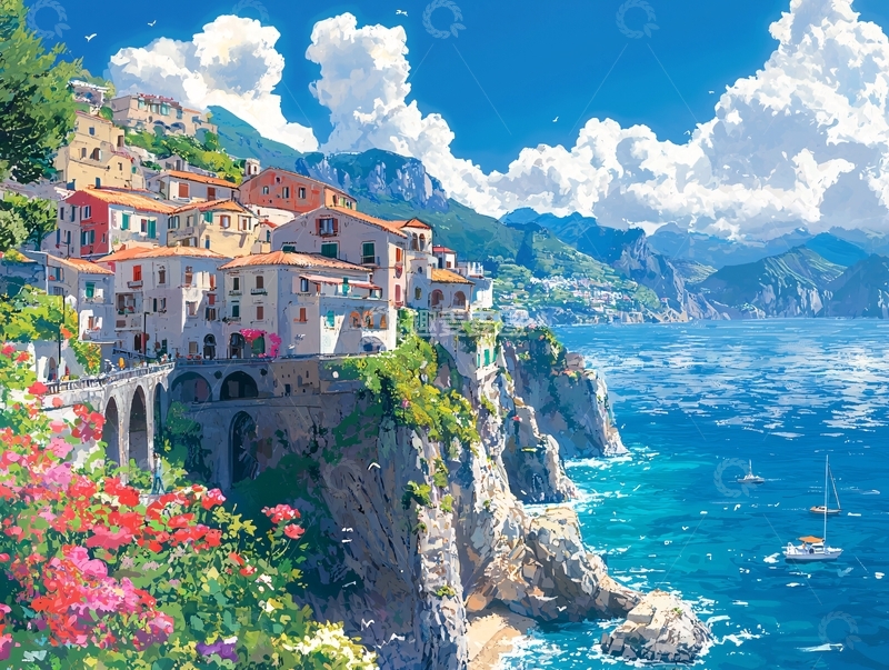 高清大图下载【趣麦麦图】地中海沿岸彩色小镇