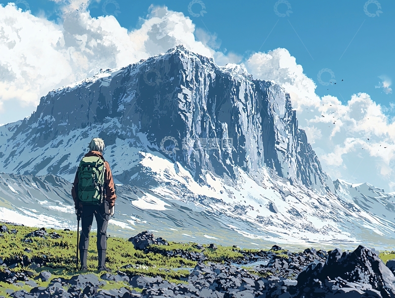 高清大图下载【趣麦麦图】登山者远眺雪山