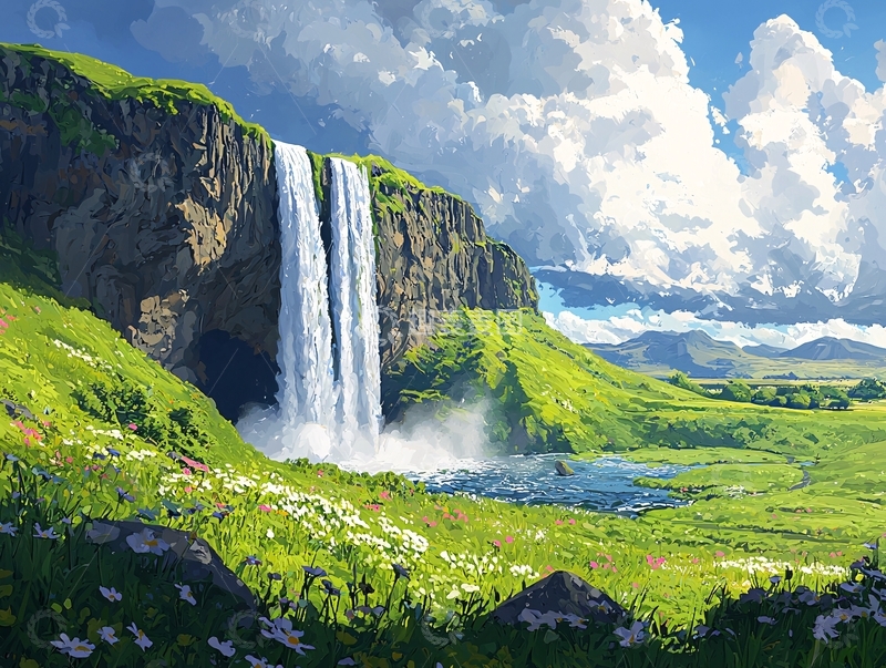 高清大图下载【趣麦麦图】绿色山崖瀑布