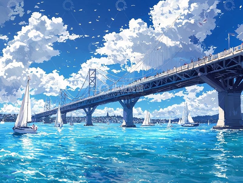 高清大图下载【趣麦麦图】阳光明媚下的海湾大桥