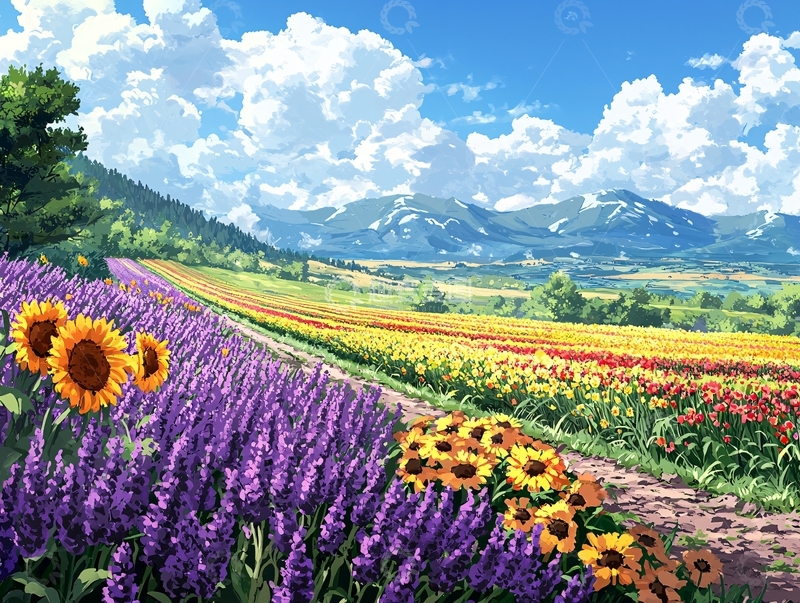 高清大图下载【趣麦麦图】向日葵薰衣草田园风光