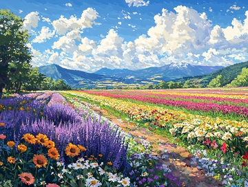 阳光明媚的花田风景画