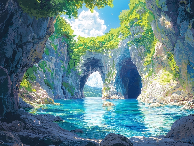 高清大图下载【趣麦麦图】阳光下的绿荫海蚀洞